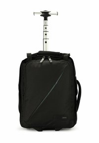 Zaino con ruote nere e manico estensibile, texture in tessuto, due scomparti con zip e un design angolare accattivante.