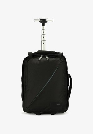 Sac à dos à roulettes noir avec une poignée télescopique, texture en tissu, deux compartiments zippés et un accent de design angulaire.