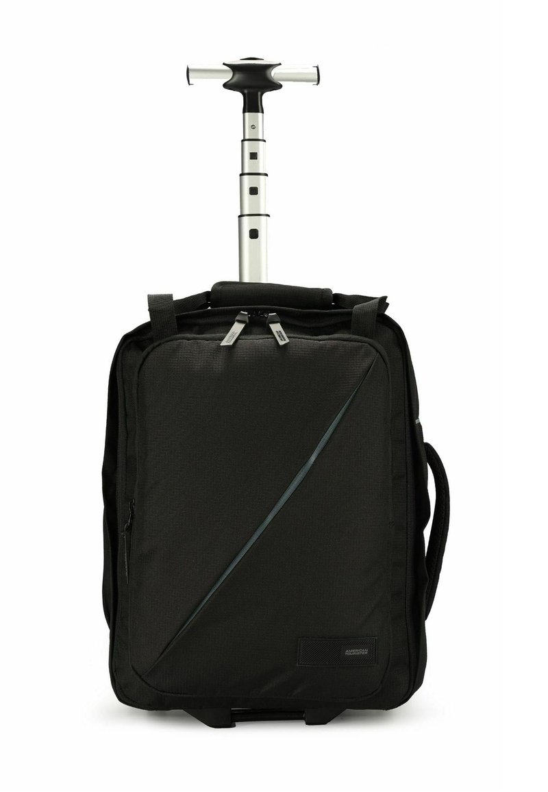 Zaino con ruote nere e manico estensibile, texture in tessuto, due scomparti con zip e un design angolare accattivante.