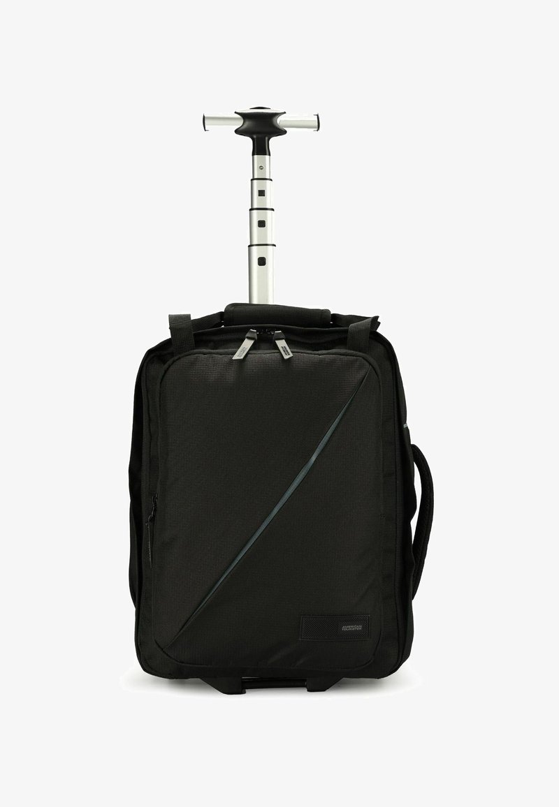 Zaino con ruote nere e manico estensibile, texture in tessuto, due scomparti con zip e un design angolare accattivante.