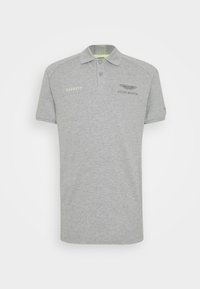 Šedé polo tričko vyrobené z bavlněné směsi. Obsahuje dvouknoflíkovou légu, vyšívaná loga značek Hackett a Aston Martin a krátké rukávy.