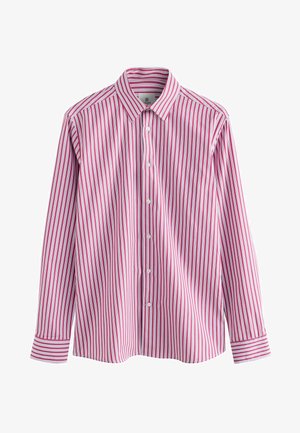 Košulja s dugim rukavima, ružičaste i bijele vertikalne pruge, klasičan ovratnik, pamučni materijal, prednja patetna s dušcima i manžetama.