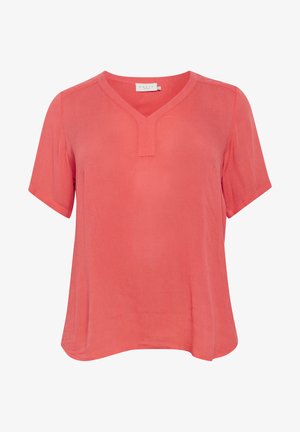 Koralfarvet kortærmet bluse med V-udskæring, lavet af let materiale. Blød tekstur med løs pasform og diskrete sidesømme.