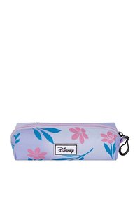 Trousse violette ornée de fleurs roses et de feuilles vertes. Fermeture zippée avec une boucle noire, marquée d'une étiquette blanche Disney.