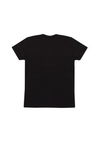 Sort bomulds T-shirt med korte ærmer, klassisk rund hals og en enkel ryg. Ingen synlige mønstre eller grafikker. Blød tekstur.
