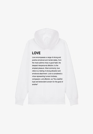 Hoodie bianco con una grande stampa della parola "AMORE" e una dettagliata descrizione del concetto di amore. Realizzato in morbido tessuto testurizzato.