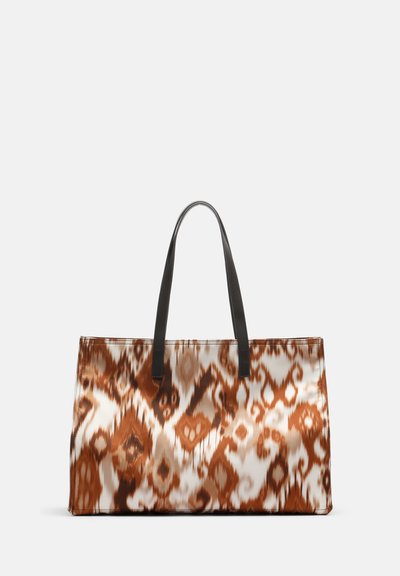 Brown and white patterned tote bag with black handles, rectangular shape, standing upright on a plain background.