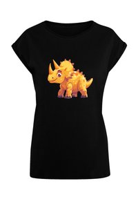 Schwarzes T-Shirt mit kurzen Ärmeln, das auf der Vorderseite einen Cartoon-Triceratops in Orange mit gelben Flecken und drei hervorstehenden Hörnern zeigt.