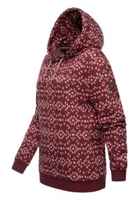 Felpa a cappuccio marrone con un motivo geometrico in rosa chiaro. Presenta un cappuccio con cordino e polsini e orlo a coste. Include un'etichetta con il marchio sulla manica.