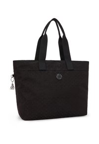 Black tote bag made of textured fabric, featuring a geometric pattern, dual handles, and a small charm. Circular logo on the front.