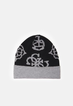 Bonnet en maille noir avec revers gris clair et motifs géométriques abstraits gris clair tissés sur le corps principal du bonnet.