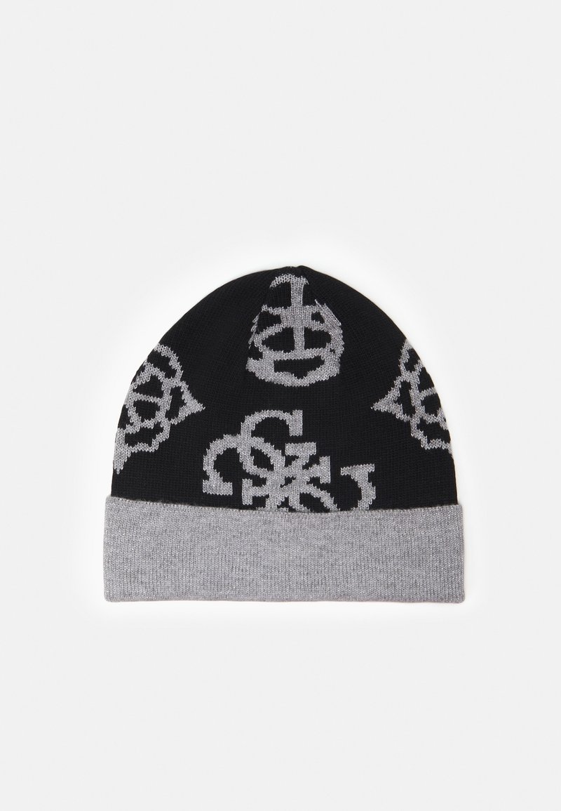 Bonnet en maille noir avec revers gris clair et motifs géométriques abstraits gris clair tissés sur le corps principal du bonnet.