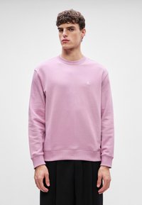 Sudadera rosa clara hecha de una mezcla de algodón, con un cuello redondo y puños ribeteados. Pequeño logo blanco en el pecho. Textura suave.