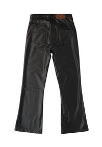 Zwarte neplederen flared broek met een gladde, glanzende textuur, vijf zakken en een bruin leren label op de achterkant van de taille.