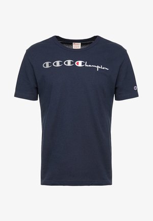 Navy blue short-sleeve t-shirt with Champion logos and name printed across the chest and a small logo patch on the left sleeve.