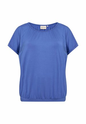Top corto blu con maniche corte realizzato in tessuto morbido, caratterizzato da un colletto rotondo, dettagli arricciati sulle spalle e un orlo elastico arricciato.