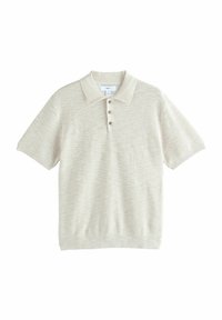 Beige strikket polo skjorte med ribbet struktur, korte ærmer, tre-knap lukning og krave.