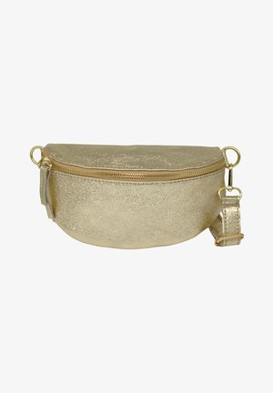 Ce sac banane métallique doré a une forme arrondie, une fermeture éclair et une sangle détachable. Il présente une surface texturée et une finition brillante.