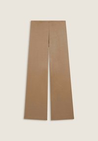 Pantaloni a gamba larga in una calda tonalità beige, realizzati in un tessuto morbido, con una finitura liscia e un design semplice e privo di decorazioni.