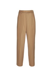 Pantaloni a righe marrone chiaro realizzati in tessuto morbido, caratterizzati da una vita alta, pinces e una chiusura laterale con bottone per una vestibilità regolabile.