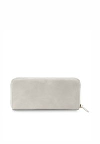 Ljusgrå läderplånbok med en slät yta, dragkedjestängning och subtila sömnadsdetaljer längs kanterna. Rektangulär form och smal profil.