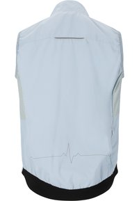 Lyseblå ærmeløs vest med mesh-sidepaneler, buet kant og hjertelinje-design på ryggen. Glat tekstur og letvægtsmateriale.