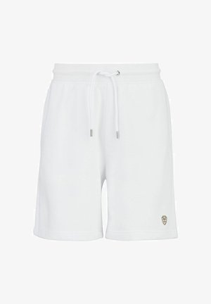 Witte katoenen shorts met een elastische tailleband en een trekkoord, metalen uiteinden en een klein logopatch op de rechter onderkant van het been.