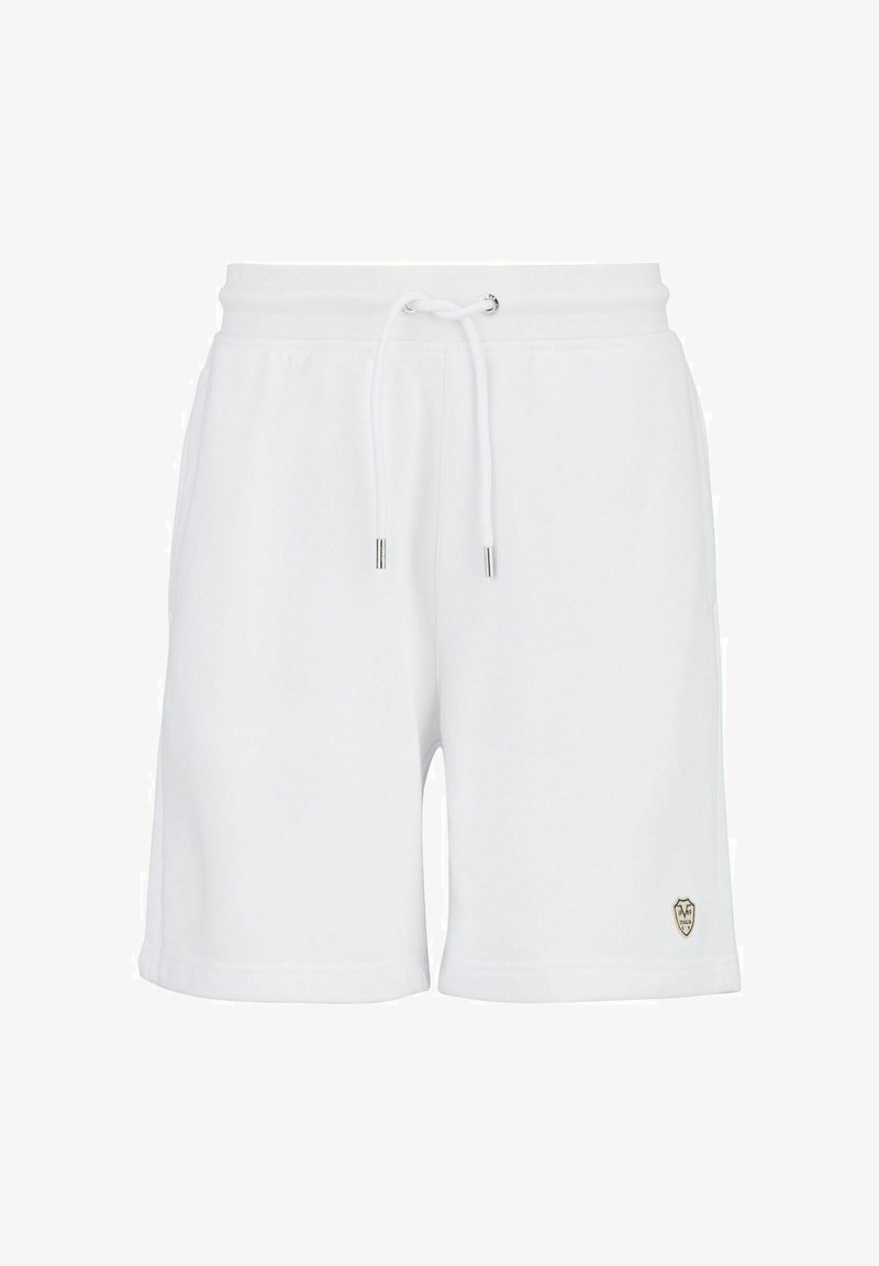 Weiße Baumwollshorts mit einem elastischen Bund und einer Kordel, metallischen Enden und einem kleinen Logopatch am unteren rechten Bein.