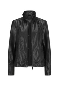 Schwarze Lederjacke mit hohem Kragen, Reißverschluss und seitlichen Taschen. Verfügt über eine glatte Textur und ein maßgeschneidertes Design mit gesteppten Details.