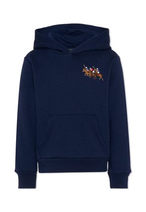 Granatowa bluza z kapturem, z kieszenią z przodu i haftem trzech graczy polo na koniach po lewej stronie klatki piersiowej.