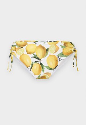 Biele spodné plavky s potlačou žltých citrónov a zelených listov, so zaväzovaním na bokoch pre nastaviteľné prispôsobenie.