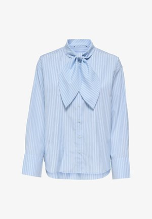 Light blue striped long-sleeve blouse with front buttons and a large tied bow at the neckline.