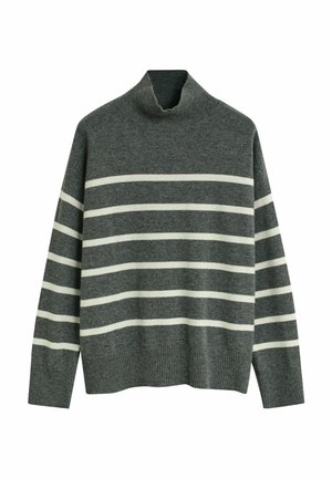 Pull gris avec un col montant, doté de rayures blanches horizontales. Fabriqué en maille avec des poignets et un ourlet côtelés.
