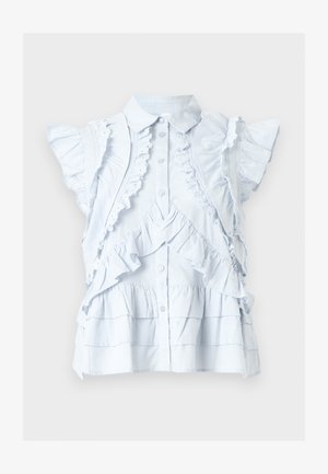 Weiße ärmellose Bluse mit Rüschendetails, Spitzenbesatz, Knopfleiste vorne und gestuftem Saum, auf schlichtem Hintergrund gezeigt.