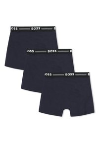 Tričko navy modrých boxeriek z bavlny, s čiernym pásom s logom "BOSS" v bielej farbe. Mäkká textúra a priliehavý strih.