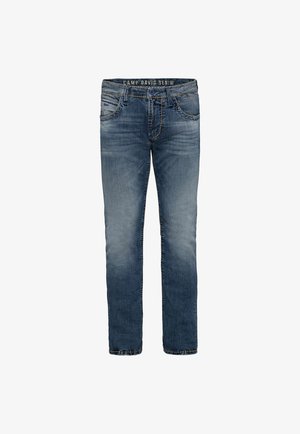 Denimjeans in einer verblassten blauen Farbe, mit geradem Schnitt, fünf Taschen und Kontrastnähten. Der Bund ist mit "Camp David Denim" gebrandet.