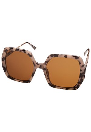 Occhiali da sole color marrone con montatura ottagonale oversize. Realizzati in plastica con motivo tartaruga. Dettagli sottili in metallo sulle aste.