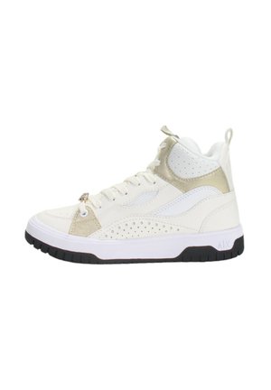 Sneaker alta in bianco e oro metallico, con dettagli perforati, chiusura con lacci, colletto imbottito e suola in gomma nera.