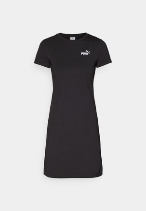 Abito nero a maniche corte in cotone, con scollo a girocollo e un piccolo logo Puma bianco sul petto. Tessuto liscio, vestibilità classica.