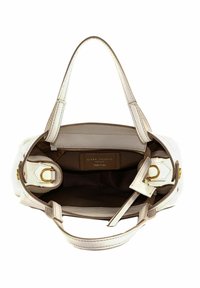 Borsa a mano in pelle bianca con finitura testurizzata, accessori dorati e un interno in tessuto marrone. Presenta due manici e una tasca con zip.