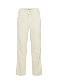 Lyse beige bukser lavet af blødt stof med en elastisk talje og justerbar snøre. Design med lige ben uden synlige mønstre eller accenter.