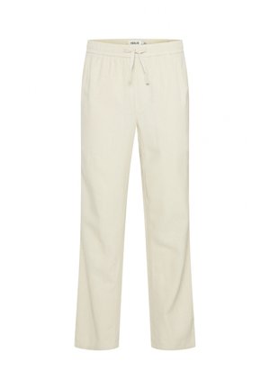 Gaiši bēšas bikses no mīksta auduma ar elastīgu jostasvietu un regulējamu aukliņu. Taisna kāja, bez redzamām rakstiem vai akcentiem.