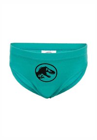 Türkise Kinderunterwäsche mit einem schwarzen Dinosaurier-Schädel-Logo in einem Kreis auf der Vorderseite.