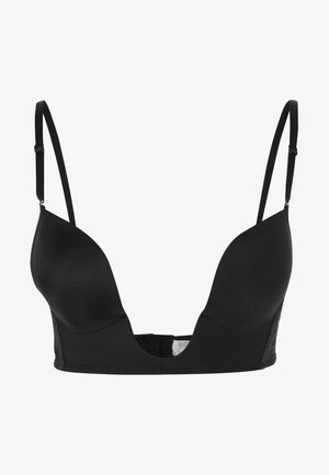 Black plunge bra featuring smooth fabric, adjustable straps, and a seamless design with no padding, suitable for various outfits.