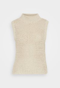 Veste sans manches tricotée beige avec un col montant côtelé et un motif en maille ouverte texturée sur tout le corps.