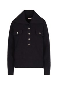 Maglione nero a coste con collo largo, maniche lunghe, patta con bottoni sulla parte anteriore e due tasche sul petto con bottone.