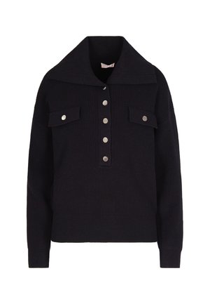 Maglione nero a coste con collo largo, maniche lunghe, patta con bottoni sulla parte anteriore e due tasche sul petto con bottone.