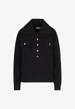Maglione nero a coste con collo largo, maniche lunghe, patta con bottoni sulla parte anteriore e due tasche sul petto con bottone.