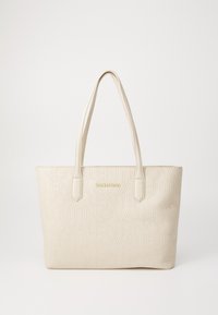 Light beige tote bag made of textured material, featuring embossed "VALENTINO" logo, dual shoulder straps, and a rectangular shape.