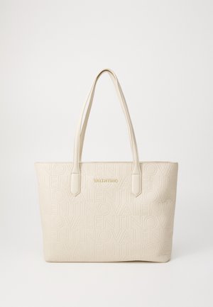 Lichtbeige draagtas van gestructureerd materiaal, met het reliëflogo "VALENTINO", dubbele schouderbanden en een rechthoekige vorm.